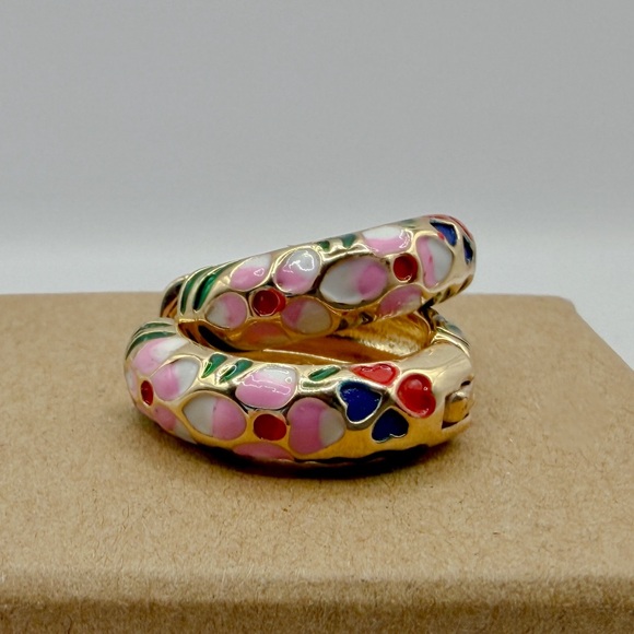 Enamel Vintage Boho inspired Floral Huggie Hoop Earrings for Pierced Ears - Picture 2 of 8